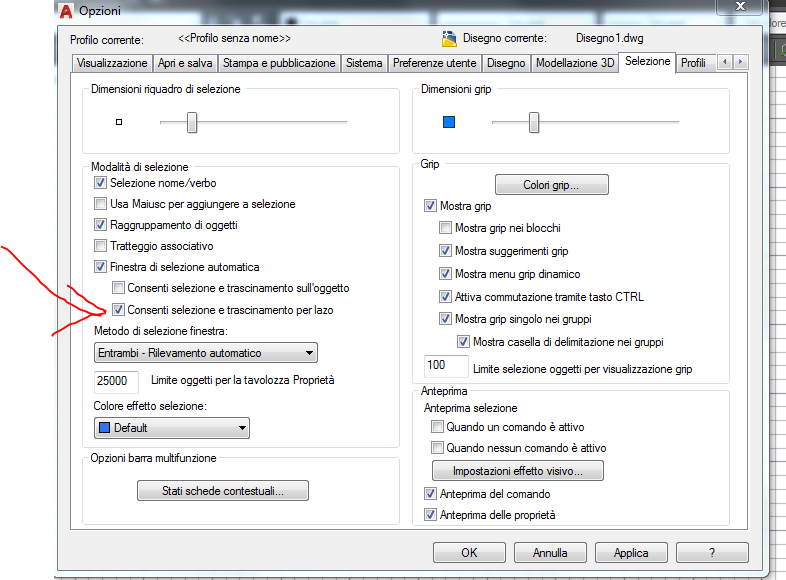 Disattivare la selezione poligonale in autocad