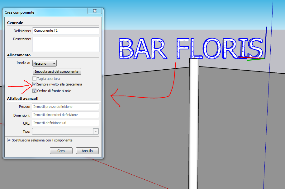 Testo che segue la telecamera in sketchup