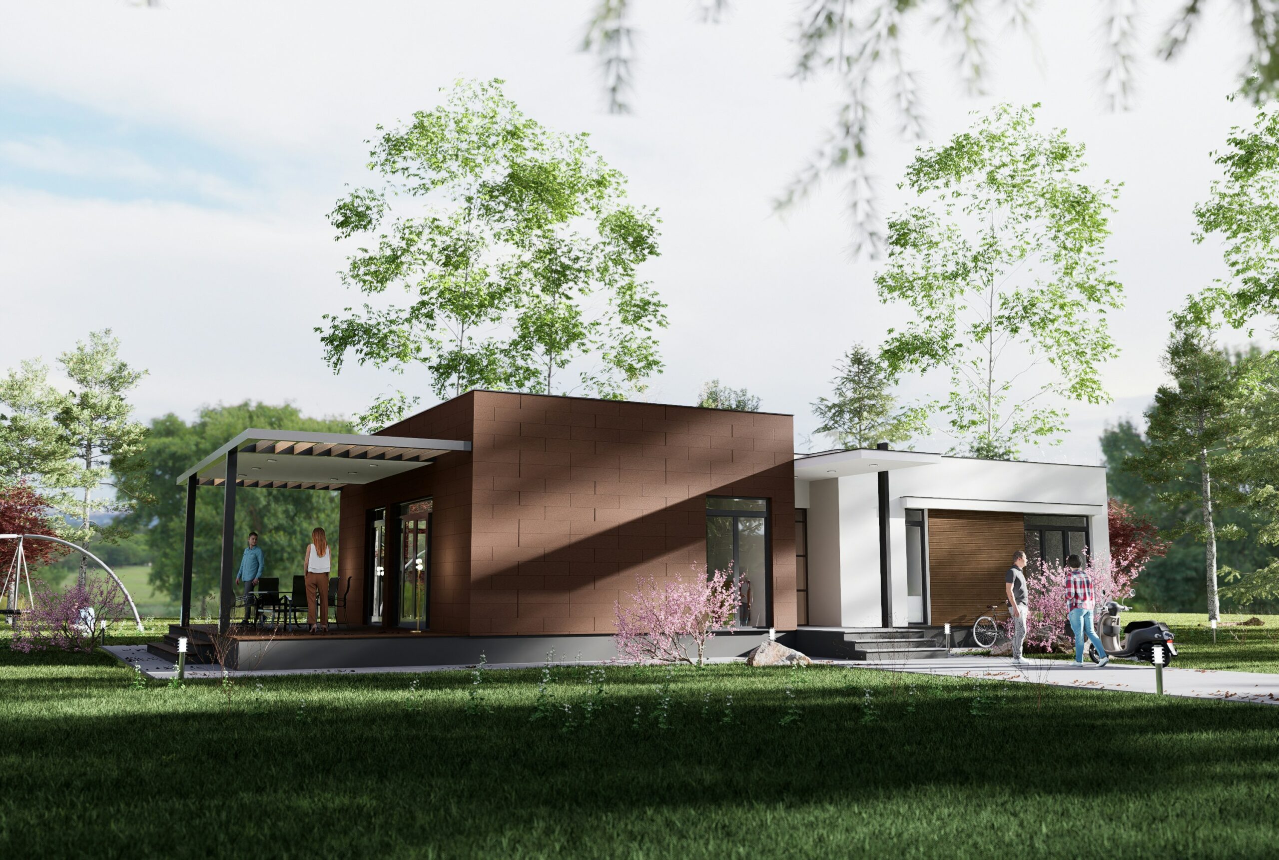 Render architettonico di una villa contemporanea immersa nel verde